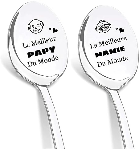 DIKARYA Cadeau Papi et Mamie, Cuillère à Café Meilleur Mamie Papy du Monde | Cuillères Gravées au Laser Meilleur Mamie Papy du Monde, Cadeau Anniversaire Mamie Papy Anniversaire Grand-Parent Original