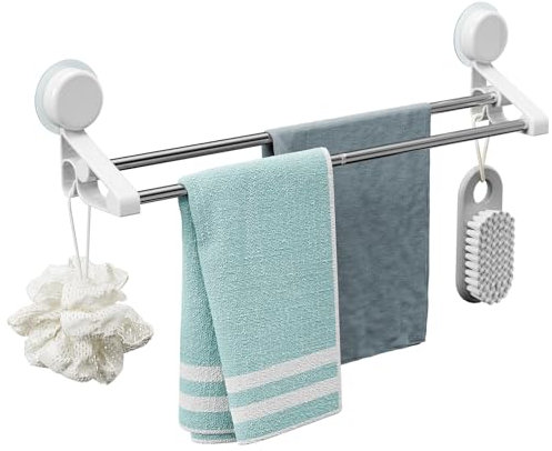 1 paquete de barra de toalla de baño doble con ventosa de 27.5 pulgadas, sin taladrar, con gancho, barra de toalla de acero inoxidable, barras de toalla extraíbles para baño y cocina