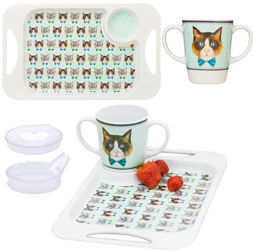 Rosa Lifestyle Melaminbecher und Serviertablett mit zwei Griffen, Katze, 400 ml, 33,8 x 20,6 cm, leichte Mobilitätshilfe für ältere Menschen, Demenz, Arthritis, Alzheimer und Parkinson (Katze)