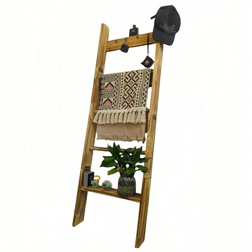 5-Tier Wooden Blanket Ladder, 5.3FT/63'' Shelf, Quilt Towel Holder Rack, Decorative Ladder for Blankets, Clothes, Living Room, Bedroom, Bathroom, Home Decor