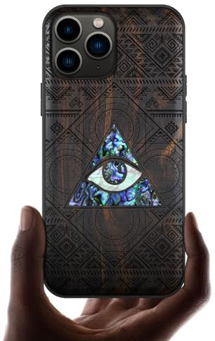 Carveit Coque Compatible avec iPhone 11 Pro Étui en Bois Cover [Gravure en Bois et Incrustation de Coquille] Case pour 11 Pro Coque Premium (Bois Sombre-Allsehendes Auge)