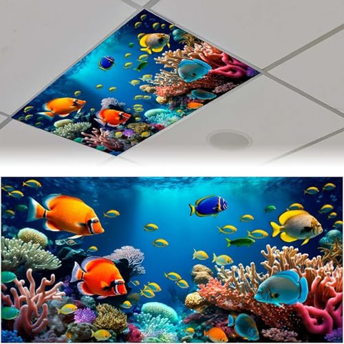 ZiKiLXU 2 Pack Fluorescent Light Cover for Ceiling Light Classroom-Abyssal Fish Magnetic Light Cover Fluorescent Light Shade Panel, Decorative Film Filter for Reducing Harsh Glare Home Decorations