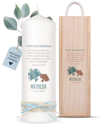 AMARI ® Konfirmationskerze personalisiert Taube (002.09.03) 25/8 cm- Kerze Konfirmation - Konfirmationskerze mit Namen und Datum - Konfirmation Kerze personalisiert Mädchen Junge
