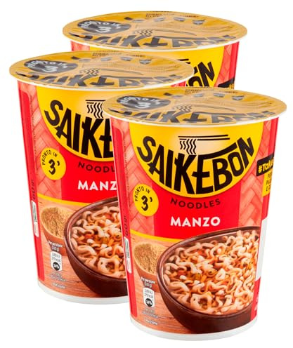 Saikebon Noodles Gusto Manzo Nudolini Istantanei Orientali alla Farina di Frumento Pronti in 3 Minuti - 3 Confezioni da 60g