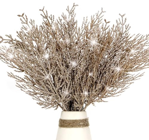 12 Pcs Christmas Glitter Leaves, 35 CM Christmas Tree Picks Artificial Twigs Branches Artificial Christmas Glitter Fern Leaf for DIY Xmas Tree Wreath Wedding Garland Decorations (Champagne)