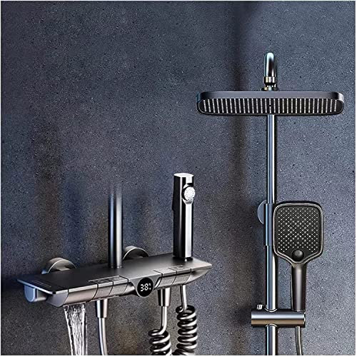 SaryEdge Thermostat-Duschset mit Regenduschkopf und Handbrause zur Wandmontage, Temperaturanzeige, Hochdruck-Regendusche, Wasserhahn-Kombiset mit Badewannenhahn und Bidetbrause, Grau (Grau A)