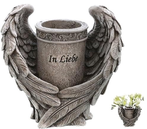 Novaliv Grabschmuck Vase mit Flügeln In Liebe 16x9x15,5 cm Grabdekoration wetterfest Grabfigueren Kreuz für Friedhof Grabdeko Kreuz für Grab Gedenkstein Grabstein Deko Grabschmuck Allerheiligen