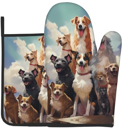 YYHWHJDE Viele Hunde bedrucken hochwertige Ofenhandschuhe und Topflappen, Set mit 2 Stück, zum Backen von Topfdeckeln in der Küche