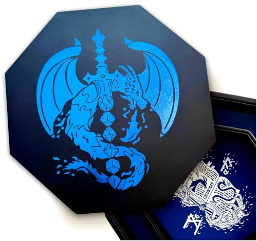 Fantasydice - Fire Dragon - Dice Tray and Dice Storage Area and Rolling Tray - for All Tabletop RPGs D&D 5E, Call of Cthulhu Dungeons and Dragons Gift for Players and DM'S (Dragon-Sword-Blue)