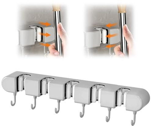 GmwyCzV Porta Scope Parete, Portascope da Muro, con 5 Supporti 6 Ganci, Autoadesivo Appendi Scope a Muros, Ganci Porta Attrezzi Giardino, Portascope Muro Appendibile, per Cucina, Garage, Bagno(Grigio)