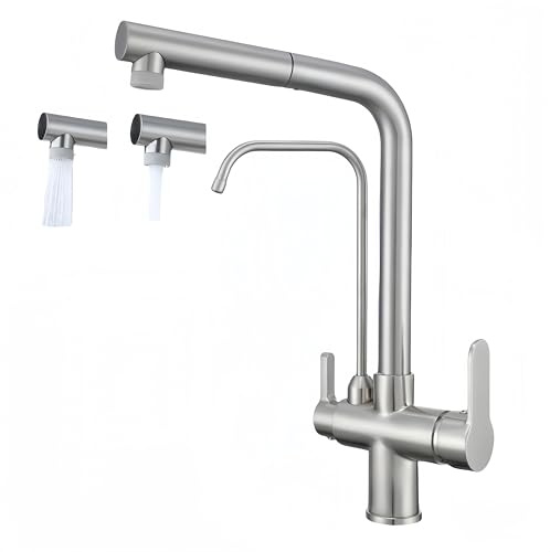 Robinet De Cuisine À 3 Voies Avec Douchette Extractible, Mitigeur De Cuisine Pour Filtre À Eau, 2 En 1 Mitigeur Évier Cuisine Pour Systèmes D'Osmose En Matériau En Laiton (Brossé)