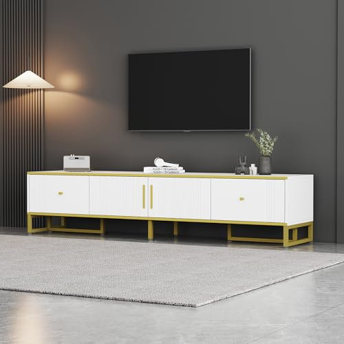 Lexiou Eleganter weißer TV-Schrank, 180x40x40 cm, mit Goldener Umrandung, 2 Türen, 2 Schubladen, verstellbaren Füßen und Kabelmanagement – ideal für 80-Zoll-Fernseher