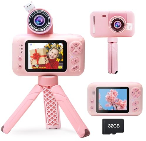 POSO Appareil photo pour filles avec trépied, caméra vidéo 1080p, photo HD, carte SD 32 Go, 6,1 cm, rose
