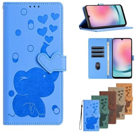 für Samsung Galaxy A55 Handyhülle für Samsung Galaxy A55 Hülle Case Cover Leder Tasche Elefant Flipcase Schutzhülle Handytasche Skin Ständer Klapphülle Schale Bumper Mädchen blau