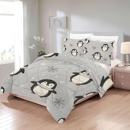 Bettdecke 200x220 Ohne Bezug Nutzbar, Pinguin Schneeflocken Bettdecken Waschbar Ganzjahresdecke Kinder 4 Jahreszeiten Steppdecke, Bettzeug Microfaser mit 2 Kissenbezug für Sommer Winter Doppelbett