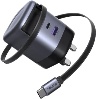 UGREEN USB C Charger 65W Nexode GaN 3-Port Fast Charging Plug | Built-in 0.69m Retractable USB-C Cable; Compatible with MacBook Pro/Air, iPhone 17/16, iPad, Galaxy S25/S24, and more