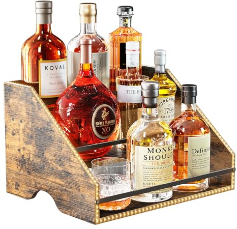 Nuovoware LED Beleuchtet Schnapsflasche Display Regal, 3 Schritt Holz Arbeitsplatte Schnapsregal mit Zäune Tragbare Griffe, 12-Flaschen-Whiskey-Regal Liquor Display Retro Weinregal für Home Bar, Braun