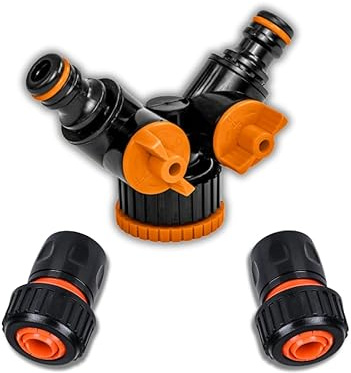 ABAZO Universal Verteiler 2-Wege-Splitter Adapter Wasserhahn Gartenschlauch - Wasserhahn Schlauchadapter - Wasserhahn mit Schnellverbinder, Gartenhahnanschluss 3/4 und 1 (1/2 Schnellanschlüsse)