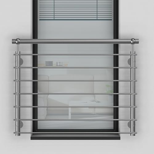 Edelstahl V2A Französischer Balkon, Querstabgeländer, Außenbefestigung mit Handlauf. Verschiedene Größen: 100x90 cm bis 185x90 cm. Inkl. Montageset (Mauerwerk Montageset, 128 x 90 cm)