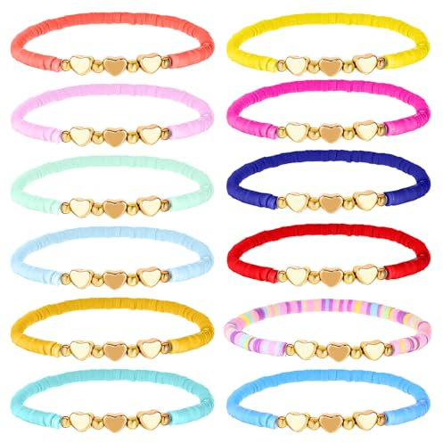 Lot de 12 bracelets d'amitié multicolores en forme de cœur - Perles d'argile extensibles - Couleurs fluo - Style années 80 - Accessoires de fête parfaits et idées de cadeaux pour amies lors de fêtes