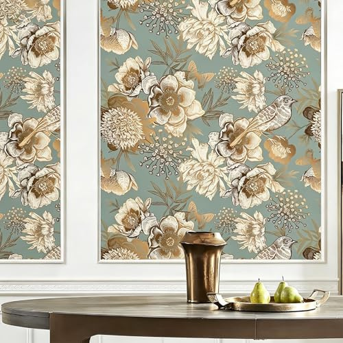 LACHEERY Papier Peint Fleuri Vert Or Adhésif Oiseau 44.5cm x 200cm Papier Peint Autocollant Mural Vert Vegetal Vinyle Adhesif Meuble Motif Imperméable pour Salon Chambre Film Meuble Adhesif Armoire