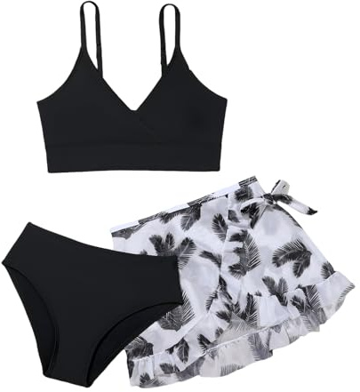 LYZOURBB Teen Girls 3PCs Swimsuit Costume Bathing Suits Bikini Set 8-14Y | Adjustable Bikini Top Bottoms Set with Floral Cover Up Skirt for Big Girls