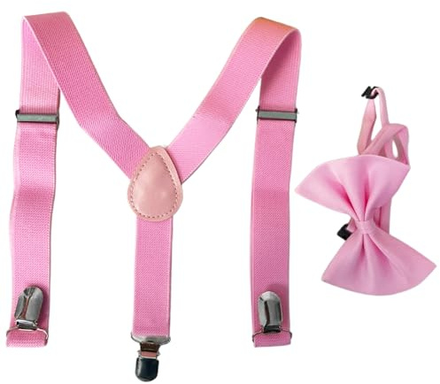 Set di papillon per ragazzi con bretelle elastiche a Y con clip forti per bambini, bretelle regolabili per bambini dai 1 ai 14 anni, Set rosa, Taglia unica