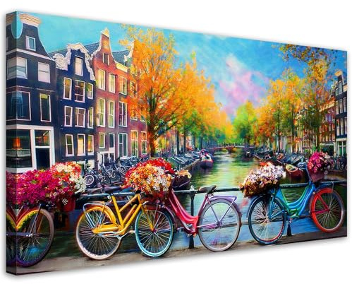 Feeby Leinwandbild - Bilder Wohnzimmer - Amsterdam Fahrräder Stadtlandschaft - 80x40 1tlg - Deko Schlafzimmer - Wanddekoration - Aesthetic - Groß Moderne Bild - Foto auf Leinwand