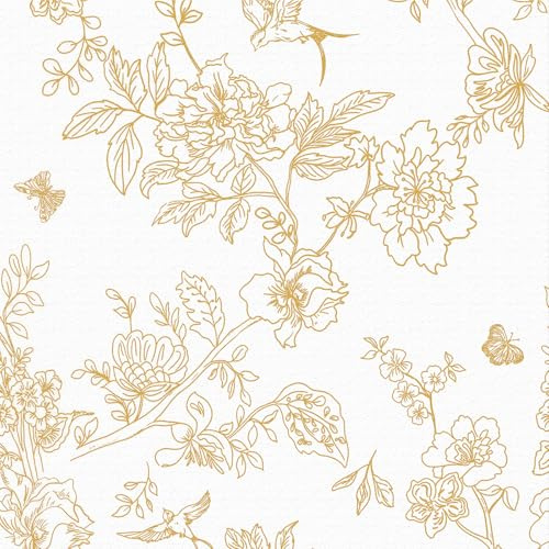 LZH-LP Papier Peint Autocollant, 44x600CM Doré Blanc Fleurs Oiseaux Forêt Feuilles Plantes Papier Contact Décoller Coller Vinyle Film Décoratif Amovible pour Armoires Murales