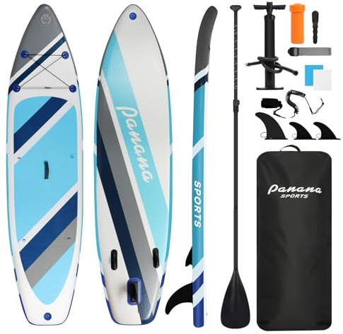Panana Paddle Gonflable, 325cm Stand Up Paddle Board avec Accessoires Complets, Pagaie Réglable, Pompe, Sac à Dos, 3 Ailerons & Leash, Sup Stable pour Adultes Débutants Jusqu'à 200 kg