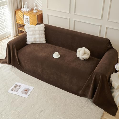 Royhom Sofa Überzug, Chenille Couch Überzug Ecksofa, Sofabezug L Form, Sofa Schutzdecke, Sofahusse mit Armlehne, Sofaüberwurf Decke Weich und Bequem, Brown, 340x180 cm