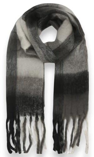 Ziona XXL Winter Schal Damen Karo – flauschig, kuschelig & weich – warmes Halstuch mit Fransen aus 100% Viskose, 210 x 40 cm, Herbst & Winter Accessoire (Schwarz Grau Weiß Karo)