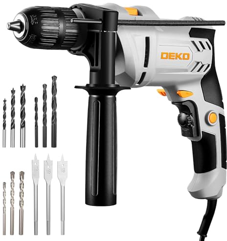 DEKOPRO Perceuse à Percussion 710W - Perçage et Percussion 3000 RPM, 48,000 BPM, Mandrin Sans Clé 13 mm, Livrée avec 12 Mèches, Poignée Rotative 360°, Idéale pour le Bois, le Métal et le Béton