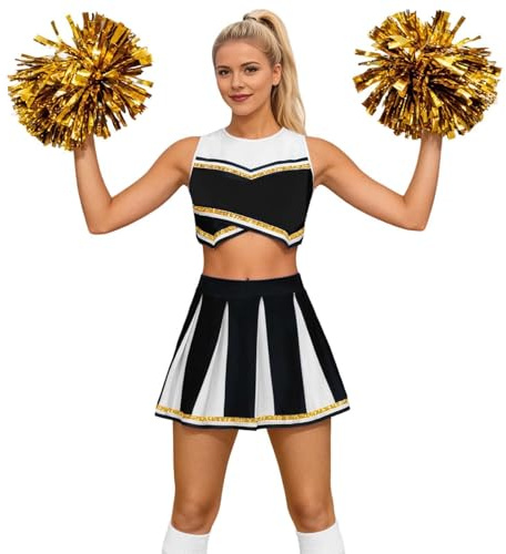 Cheerleading Kostüm Damen Cheer Leader Outfit Ärmellos Top Und Rock mit Pompons Fasching Party Dress Up Outfit Performance Uniform Outfits Tanzkleid Karneval Verkleidung