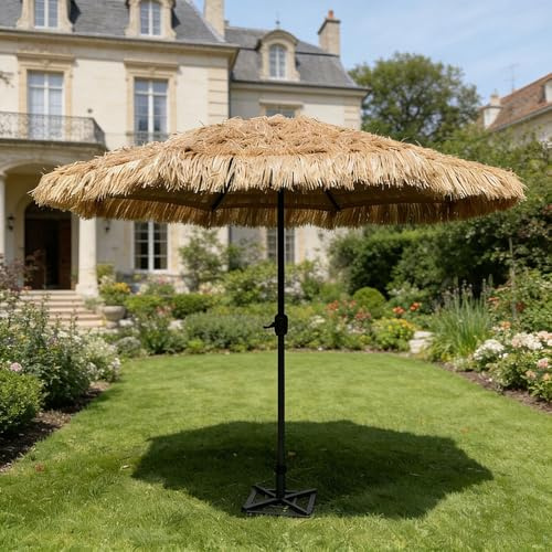 JPQTRYDRIS Marrón Sombrilla De Paja Grande 2,7 M Sombrillas De Playa Exteriore con Manivela, Imitación Paja Sombrilla Hawaiana para Exteriores Jardín Patio Verano Camping