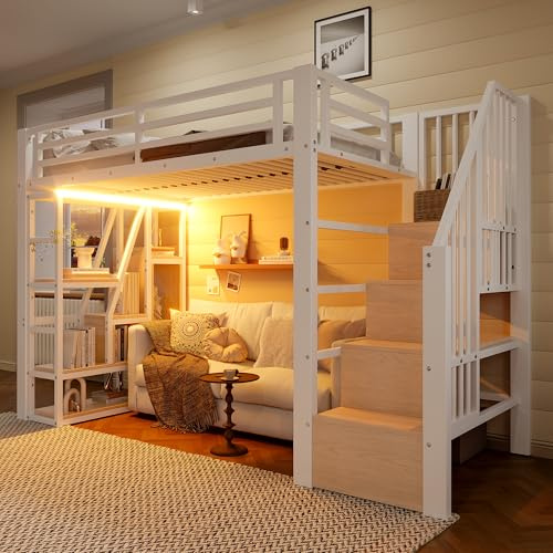 Hochbett 90x200 cm,Metallbett mit Treppe und Rausfallschutz,Funktionsbett Kinderhochbett mit LED, Ablagefach,offener Stauraum unter dem Bett,Jugendbett Bettgestell,ohne Matratze (Weiß, 90×200cm)
