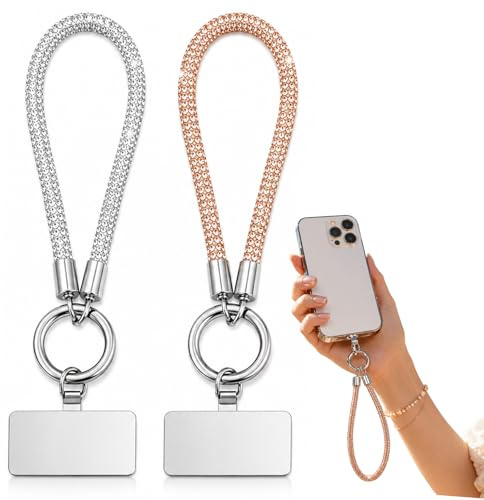ZMaglorian Set 2 Cordini per Cellulare Lussuosi – Laccio per Cellulare Corto con Cristalli, Laccetto per Cellulare Brillante per Chiavi e Borsa (Oro & Argento)