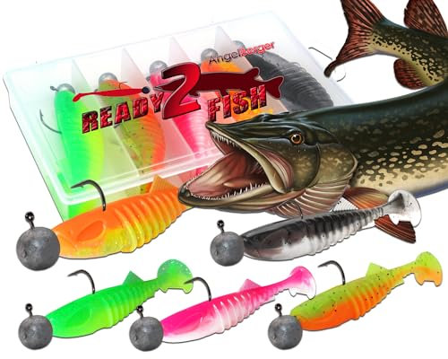 Wild Devil Baits Ready2Fish Shockwave Shad Hecht mit Box Gummifisch Set mit Jighaken Kunstköder Gummiköder Angelset (Hecht / 13,5cm)