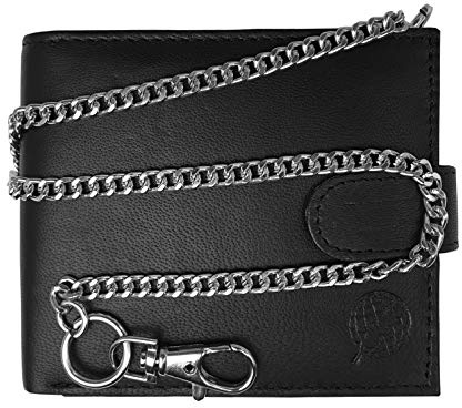 Roamlite R.F.I.D Blocking Mens Leather Wallet - 43cm Key Belt Chain - 4 Credit Card Slots - Buttoned Coin Pouch - 11 cm x9.5x2 RL506KRFID (Black R*F*I*D Blocking)
