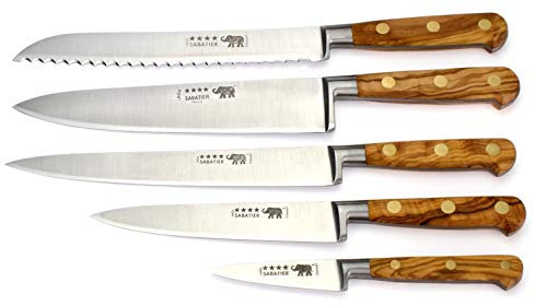 Thiers-Issard Sabatier Messer - 5teiliges Kochmesser Set - Griff Olivenholz - Geschmiedete Küchenmesser Frankreich