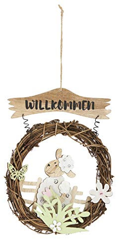HEITMANN DECO Türkranz mit Schaf - Willkommen - Fensterkranz, Wanddeko, Frühlingsdeko, Osterdeok - Natur, Weiß, Grün, 18 x 18 x 2 cm