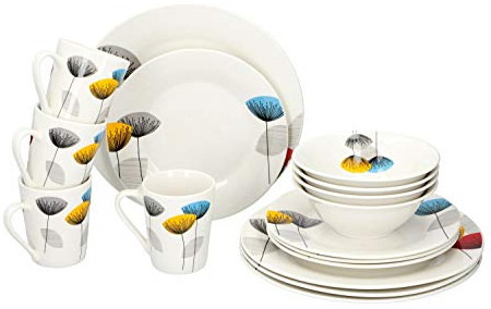 alpina Tafelservice - 16 teiliges Geschirr-Service für 4 Personen - weißes Set aus Keramik mit Servierteller, Suppenteller und Dessertteller Runde Teller mit elegantem Design mit Blumen, 8711252160320
