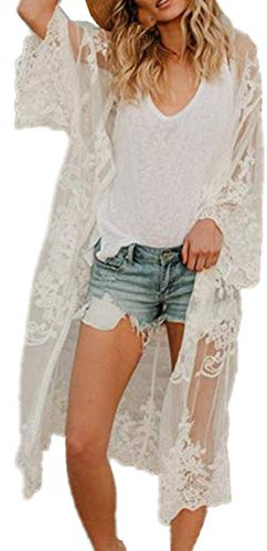 YOUKD Abito da Donna in Pizzo di Cotone Abito Floreale Vuoto Kimono Sciolto Boho Bikini da Spiaggia Coprire i Vestiti