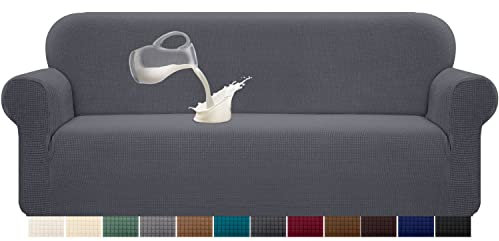 Granbest Stretch Wasserdicht Sofabezug 1 Stück Sofahusse Spandex Jacquard Elastische Couchbezug mit Anti-Rutsch-Schaumstoffe (4 Sitzer, Grau)