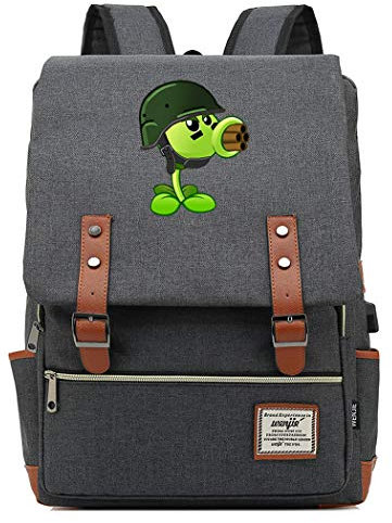WANHONGYUE Plants vs. Zombies Spiel Backpack Vintage Schulrucksack Schulranzen Studententasche 15,6 Zoll Laptop Rucksack mit USB-Ladeanschluss Grey / 2