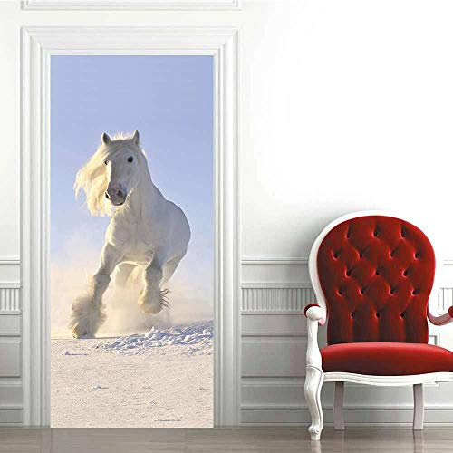 3D Türaufkleber White Horse Selbstklebende Wandbild Home Decoration Wandaufkleber Schlafzimmer Wohnzimmer Abnehmbare Poster Art Aufkleber-77 x 200 cm