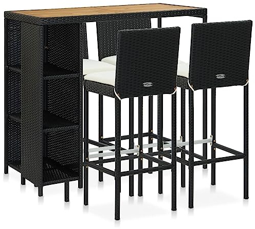vidaXL Set de Bar para Jardín 5 Piezas y Cojines Mesa Silla Asiento Patio Terraza Barra Bistró Muebles Mobiliario Ratán Sintético Negro