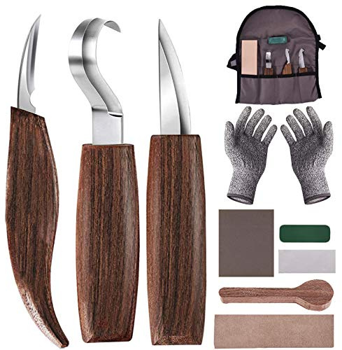 Set di coltelli 10 in 1 per intagliare il legno, kit di attrezzi per principianti include 3 coltello da intaglio, guanti, affilacoltelli per cucchiaio