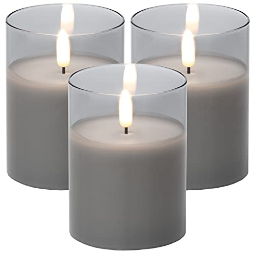 Brandsseller LED Kerze 7,5x10 cm 3er Set Echtwachs im Glas Warmweiß Flackerfunktion Timerfunktion - Grau