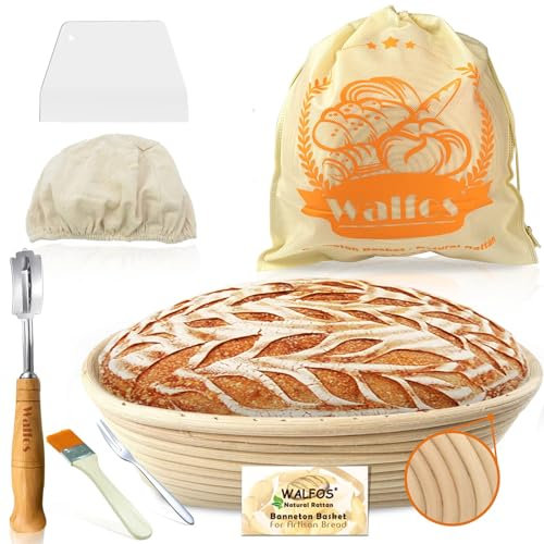 Sourdough Starter kit,Walfos Sourdough Proving basket Set, Natural Rattan - 25cm (10in) Bread Baskets, Bread Lame, Dough Scraper, Cloth Liner, Storage Bag, Cleaning Brush & Bread Fork(oval)